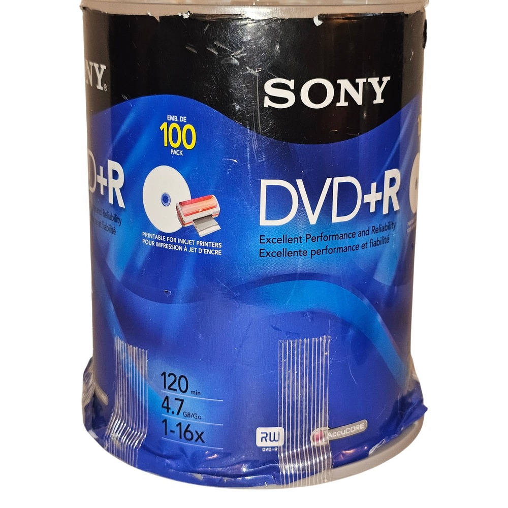 Sony DVD+R 4.7GB 120min 16x Inkjet Printable 100 Pack Spindle 100DPR47RSP New
